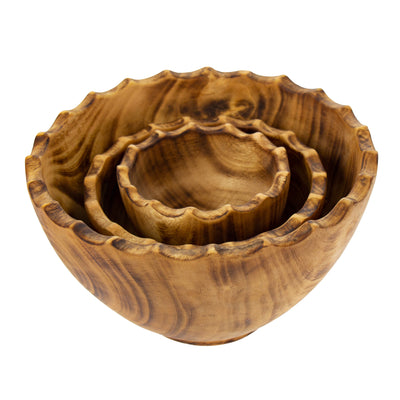 Nested Round Scalloped Jacaranda Wood Bowls, Set of 3