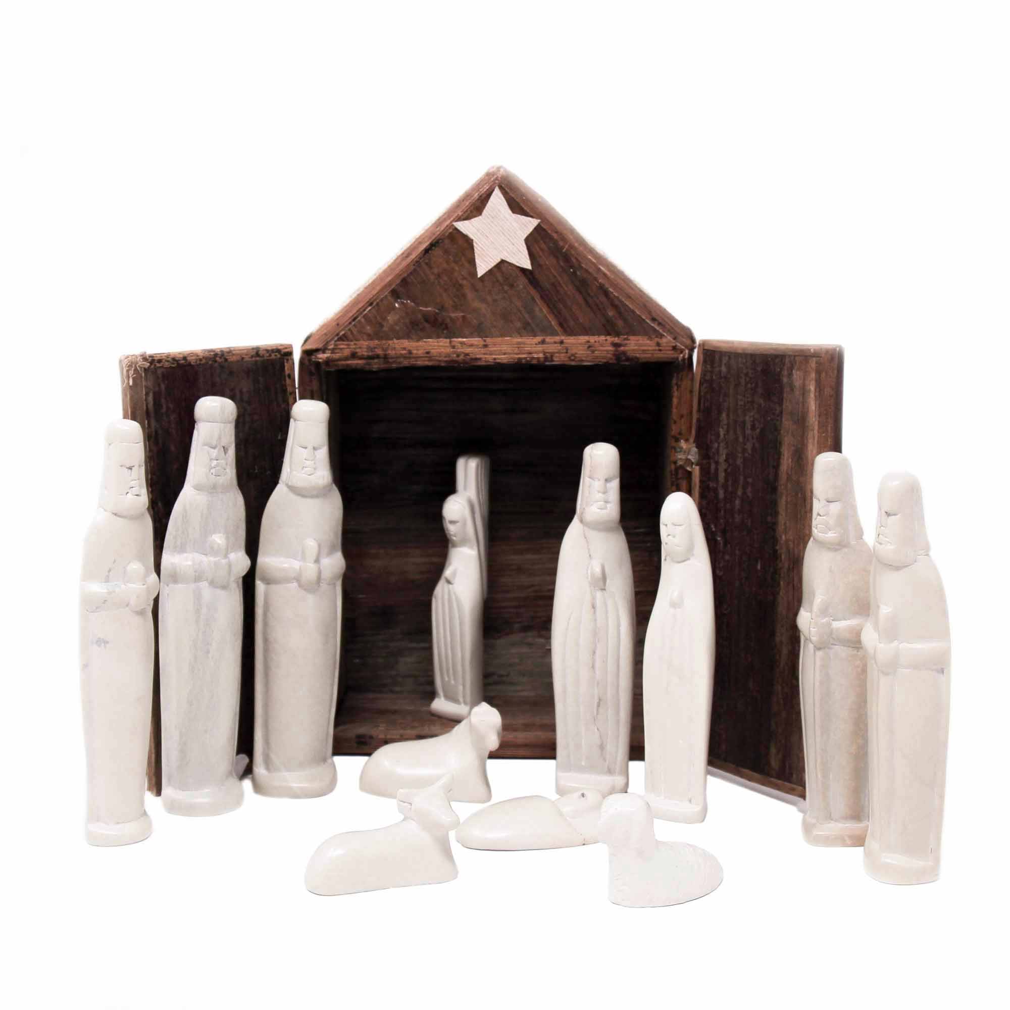 13-Piece Set - Soapstone Kenya Nativity Set and Banana Fiber Barn