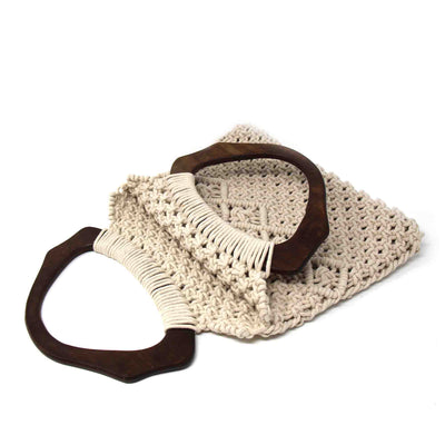 Macramé Bag with Arched Wooden Handle, Unlined Interior