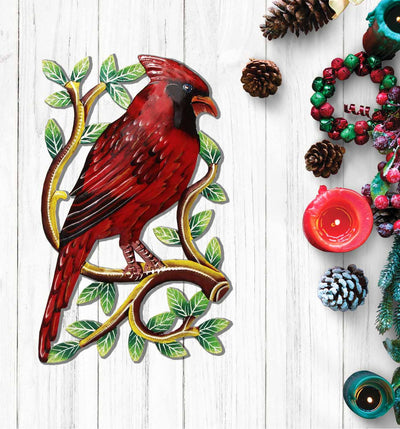 Cardinal Bird on Branch Painted Haitian Metal Drum Wall Art (13" x 8")