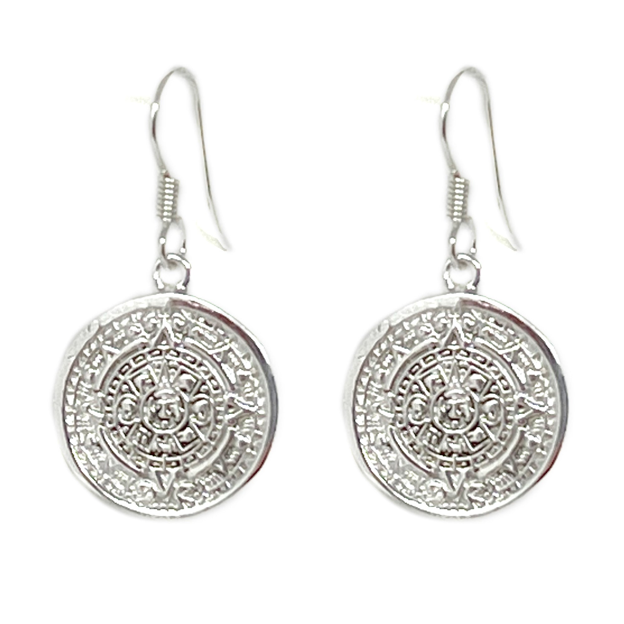 Mexican Taxco Alpaca Silver Aztec Calendar Dangle Earrings