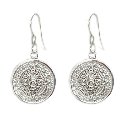 Mexican Taxco Alpaca Silver Aztec Calendar Dangle Earrings