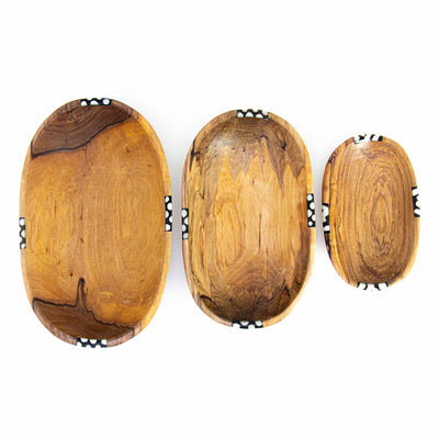 3 Nested Oval Olive Wood Bowls with Bone Inlay Accent