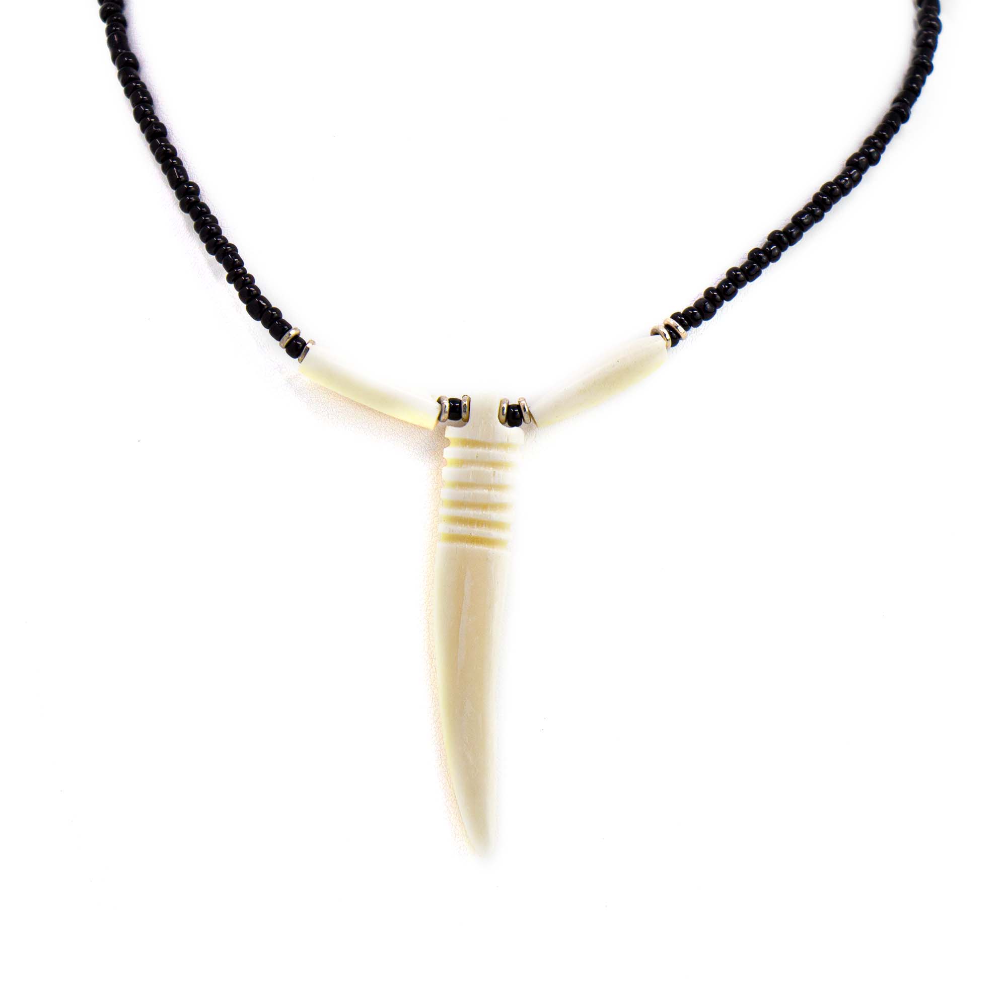 Bone "Tooth" Necklace on Leather Chain with Brass Closure - White Design