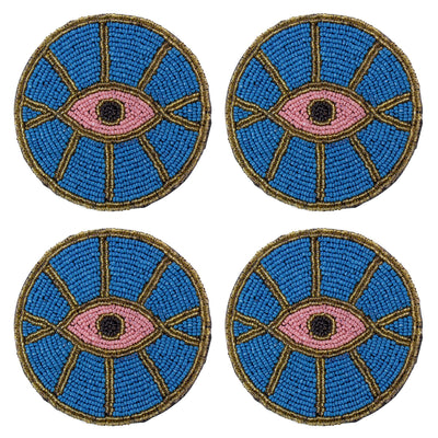 Blue Evil Eye Beaded Coasters, Set of 4