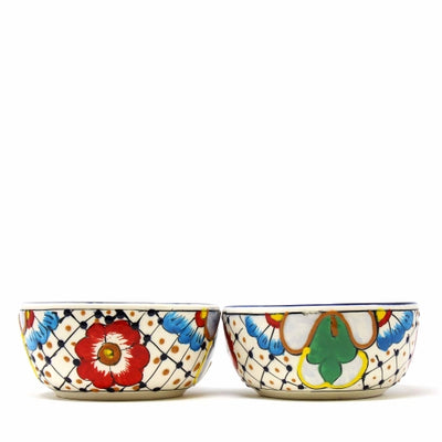 Encantada Handmade Pottery 5.5-inch, Set of 2 Bowls, Dots & Flowers