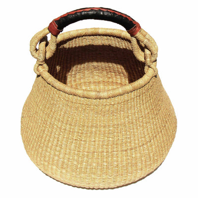 Bolga Pot Basket - Natural with Leather Handle