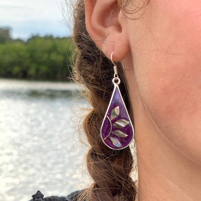 Deep Purple with Abalone Petals Teardrop Earrings