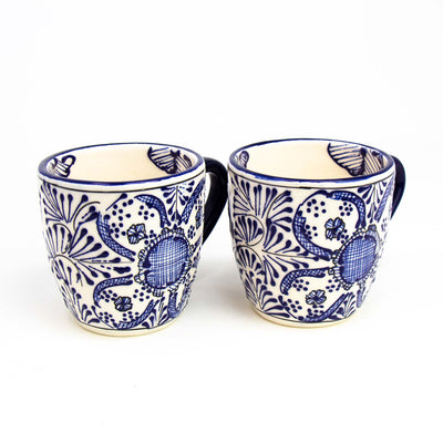 Encantada Handmade Pottery Set of 2 Mugs, Blue Flower