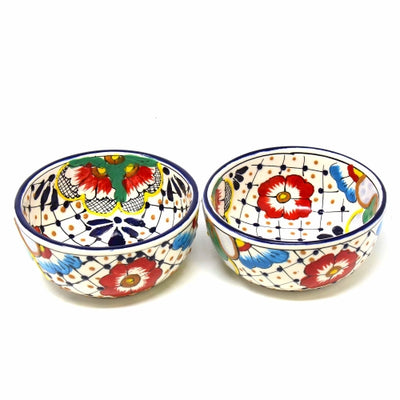 Encantada Handmade Pottery 5.5-inch, Set of 2 Bowls, Dots & Flowers