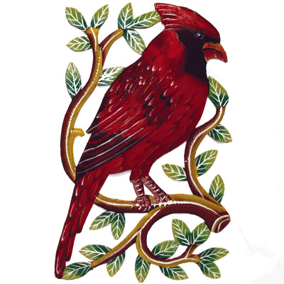 Cardinal Bird on Branch Painted Haitian Metal Drum Wall Art (13" x 8")