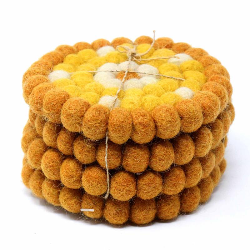 Gold Flower Felt Ball Coasters, Set of 4