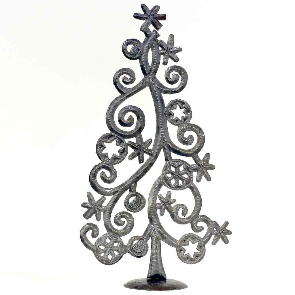 Christmas Tree with Stars & Snowflakes Haitian Metal Drum Tabletop Décor (14" x 7.5")