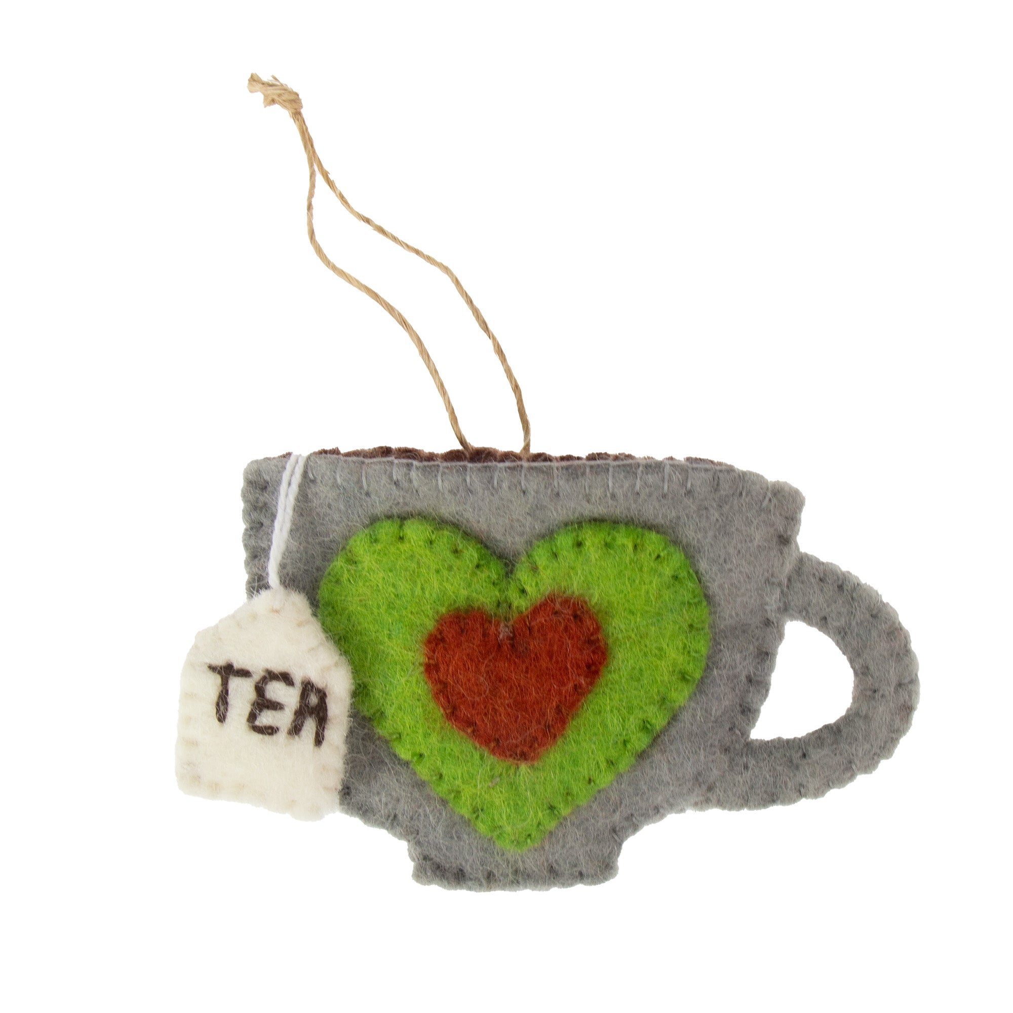 Tea Cup Felt Ornament, Green Heart