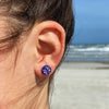 Round Glass Stud Earrings, Blue Flower - Pack of 3