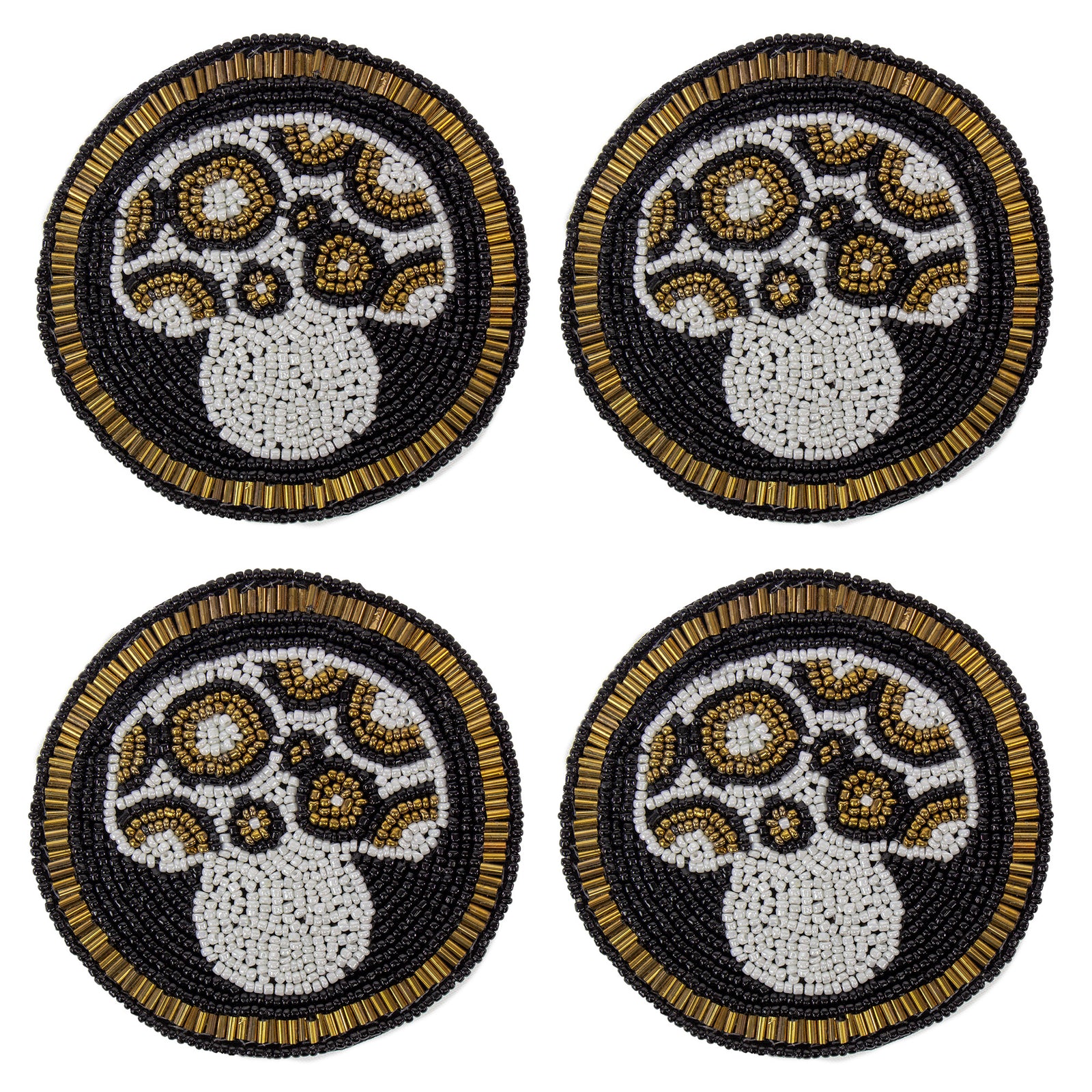 Black Mushroom Glass Beaded Coasters, Set of 4