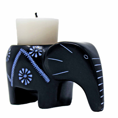 Soapstone Elephant Tea Light - Black Finish with Etch Design