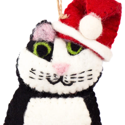 Black and White Tabby Santa Cat Felt Ornament