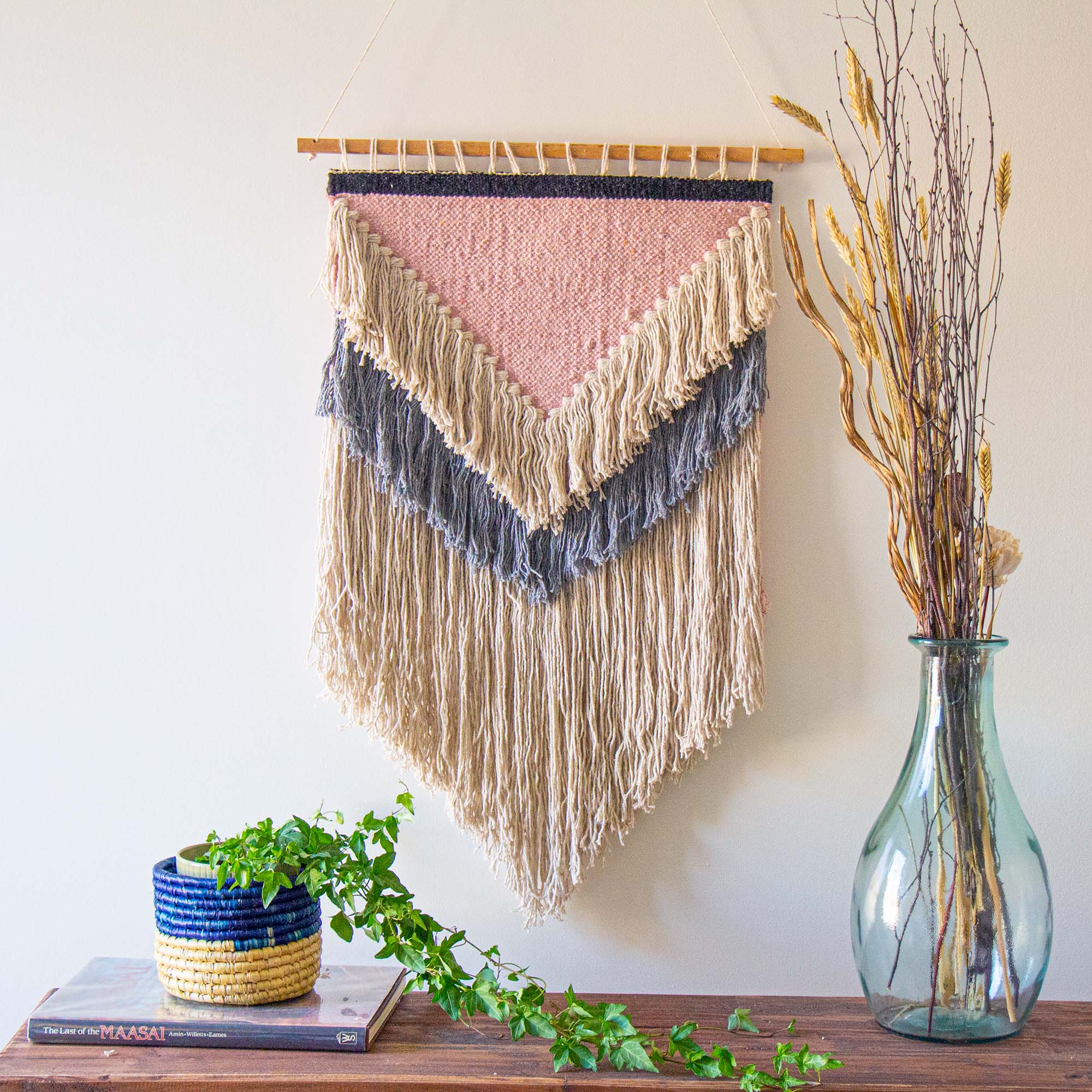 Handwoven Boho Wall Hanging, Pink with Cream Fringe