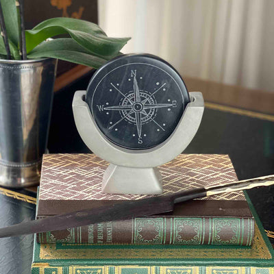 Soapstone Compass Sculpture - Dark Gray Stone