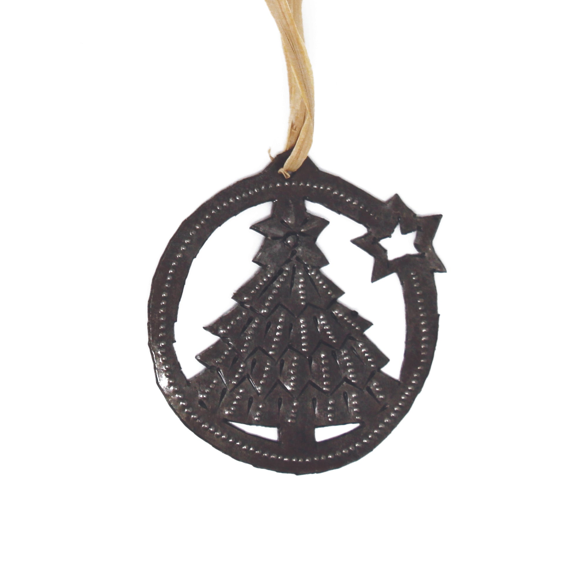 Christmas Tree with Star Haitian Metal Drum Christmas Ornament, 2-inch
