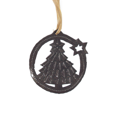 Christmas Tree with Star Haitian Metal Drum Christmas Ornament, 2-inch