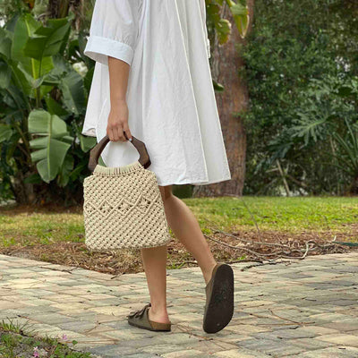 Macramé Bag with Arched Wooden Handle, Unlined Interior