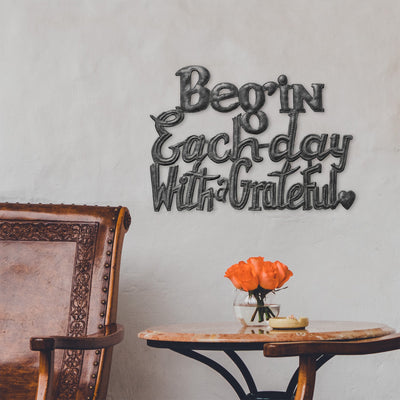 "Begin Each Day With a Grateful Heart" Inspirational Haitian Metal Drum Wall Art