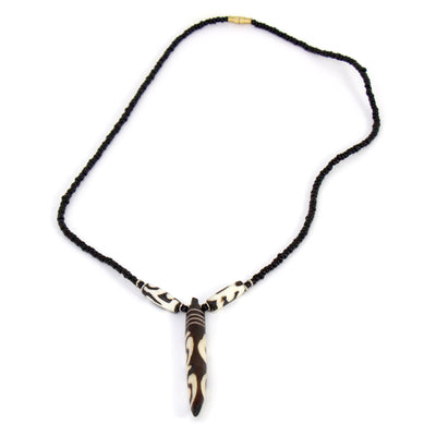 Bone "Tooth" Necklace on Leather Chain with Brass Closure- Batik Design