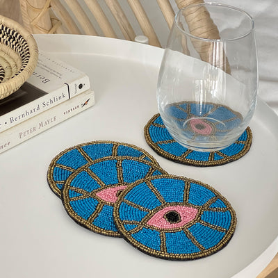 Blue Evil Eye Beaded Coasters, Set of 4