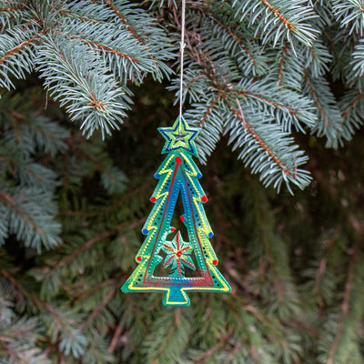 Tree with Cut-out Stars Haitian Metal Drum Christmas Ornament (5" x 3")