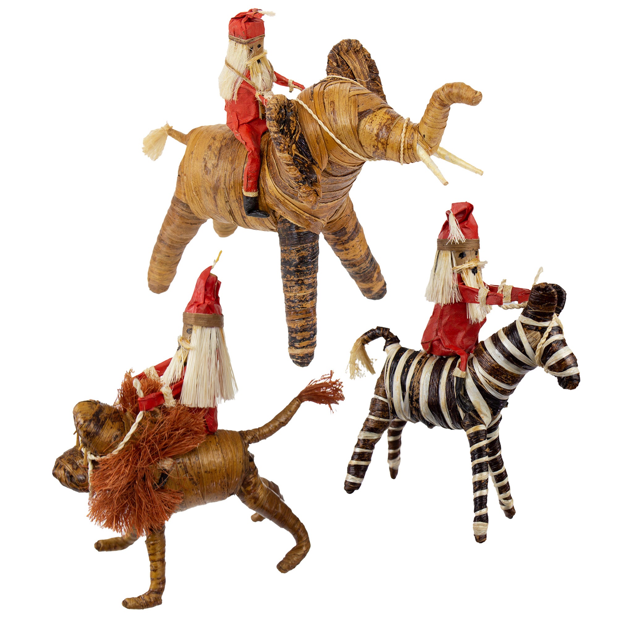 Set of Three Banana Fiber Santa Riding on Safari Animals- Lion, Zebra, Elephant