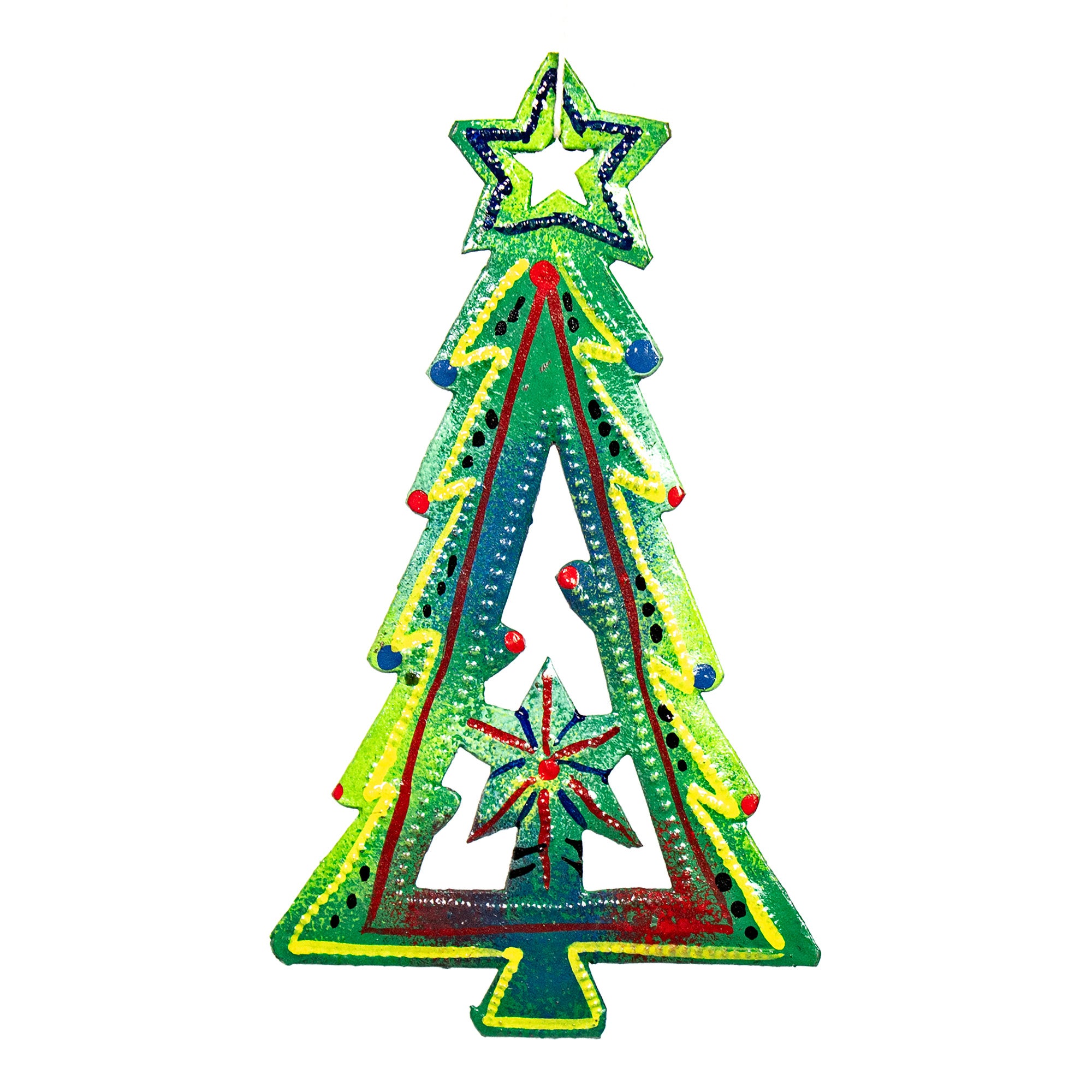 Tree with Cut-out Stars Haitian Metal Drum Christmas Ornament (5" x 3")