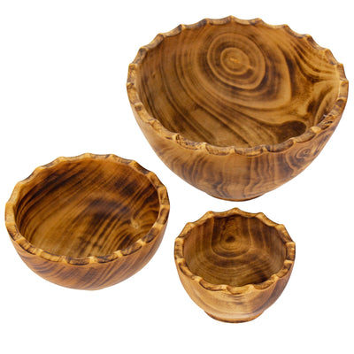 Nested Round Scalloped Jacaranda Wood Bowls, Set of 3