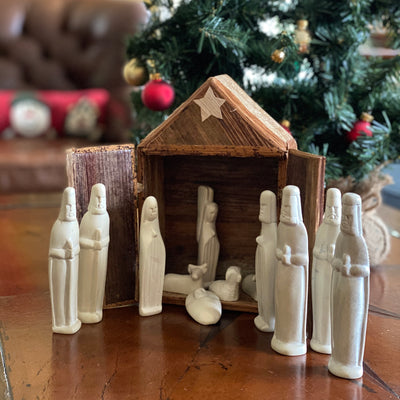 13-Piece Set - Soapstone Kenya Nativity Set and Banana Fiber Barn