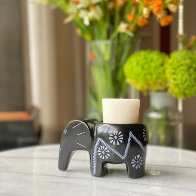 Soapstone Elephant Tea Light - Black Finish with Etch Design