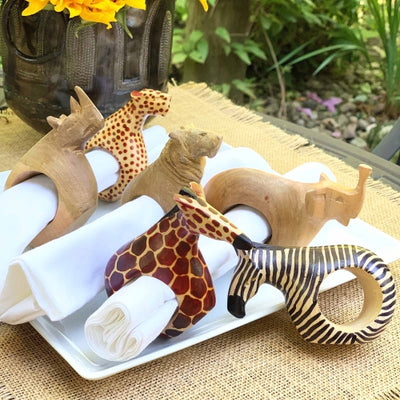 Mahogany Safari Animal Napkin Rings, Set of 6