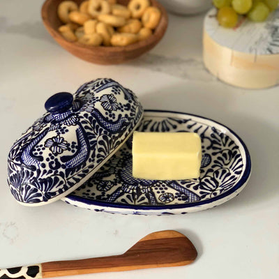 Encantada Handmade Pottery Butter Dish, Blue Flower