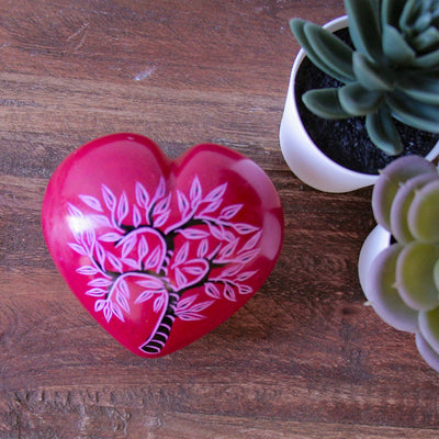 Large Soapstone Red Puffy Heart with Acacia Tree Carving