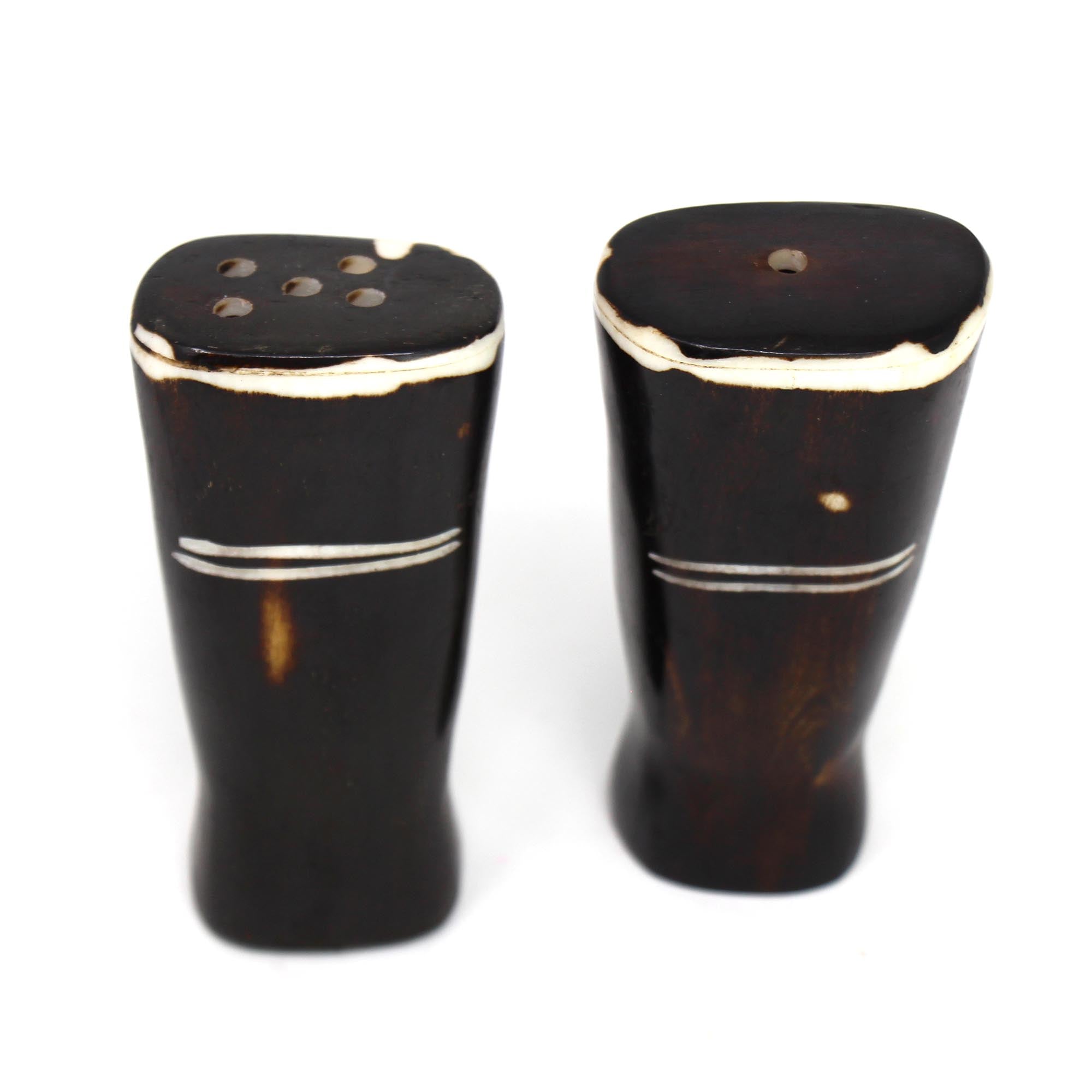 Batik Bone Salt & Pepper Shakers, White Etch Design on Dark