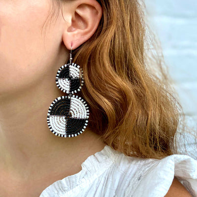 PACK OF 5 -Maasai Bead Double Circle Dangle Earrings, White and Black