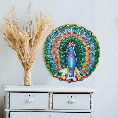 Vibrant Blue Peacock Haitian Metal Drum Wall Art