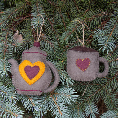 Coffee Pot & Coffee Mug Ornament Set, Stone Grey