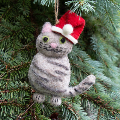 Grey Tabby Santa Cat Felt Ornament