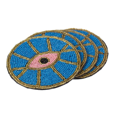 Blue Evil Eye Beaded Coasters, Set of 4