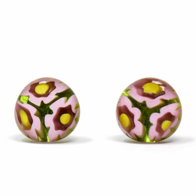 Round Glass Stud Earrings, Pink and Yellow Flowers - Pack of 3