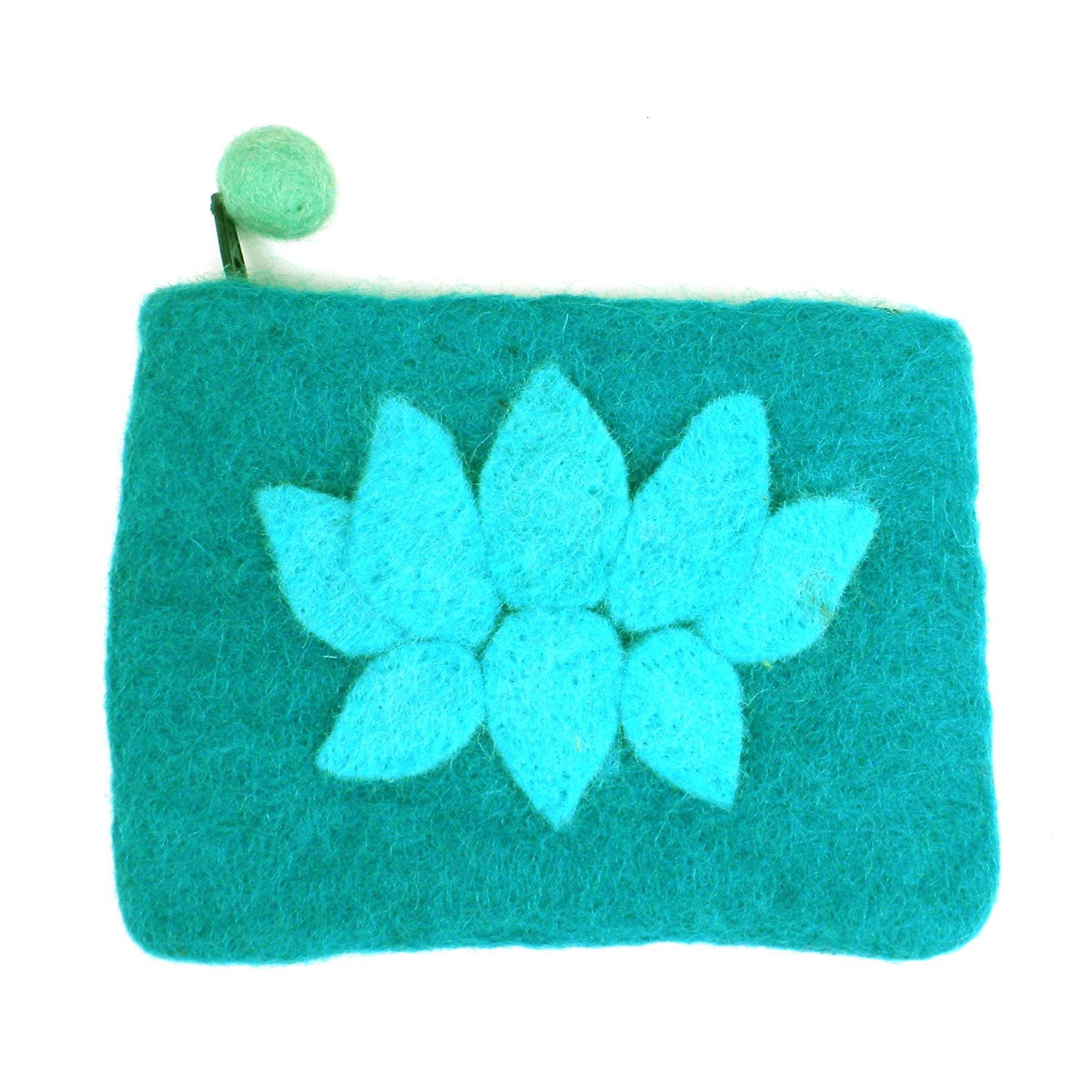 Hand Crafted Felt Pouch from Nepal: Lotus Flower, Turquoise