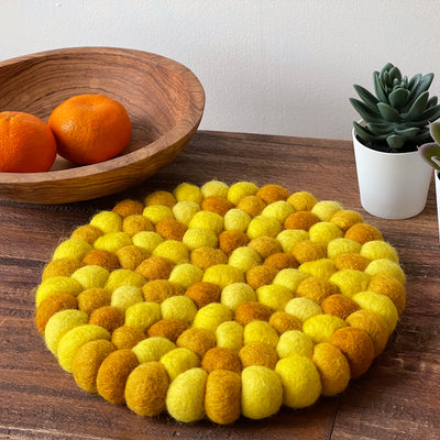 Felt Ball Trivet: Round, Mustard Medley