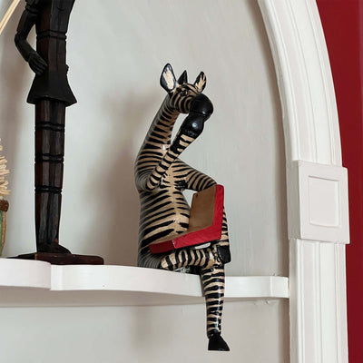 Thinking Zebra Carved Wood Sculpture Shelf Decor