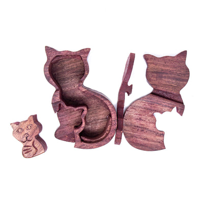 Sheesham Wood Carved Mama and Kitten Puzzle Box